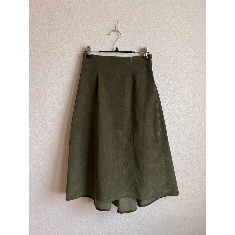 agnes b Corduroy Pleated A-Line Midi Skirt in Olive Green Size 36/SMALL